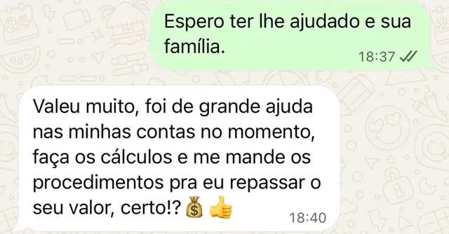 Conversa de WhatsApp: cliente agradece e diz que foi de grande ajuda.
