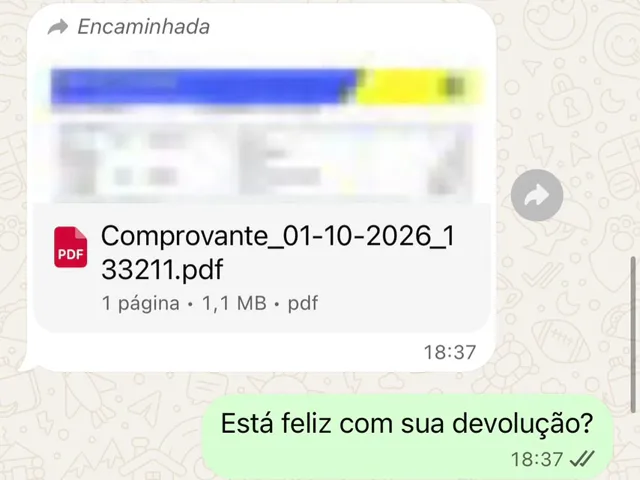 Conversa de WhatsApp: comprovante enviado e a pergunta da equipe, está feliz com sua devolução?